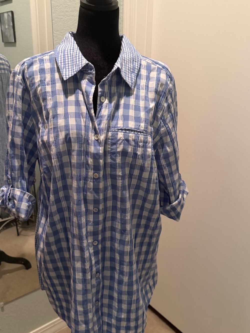 Foxcroft Blue and White Gingham Button-Down Shirt